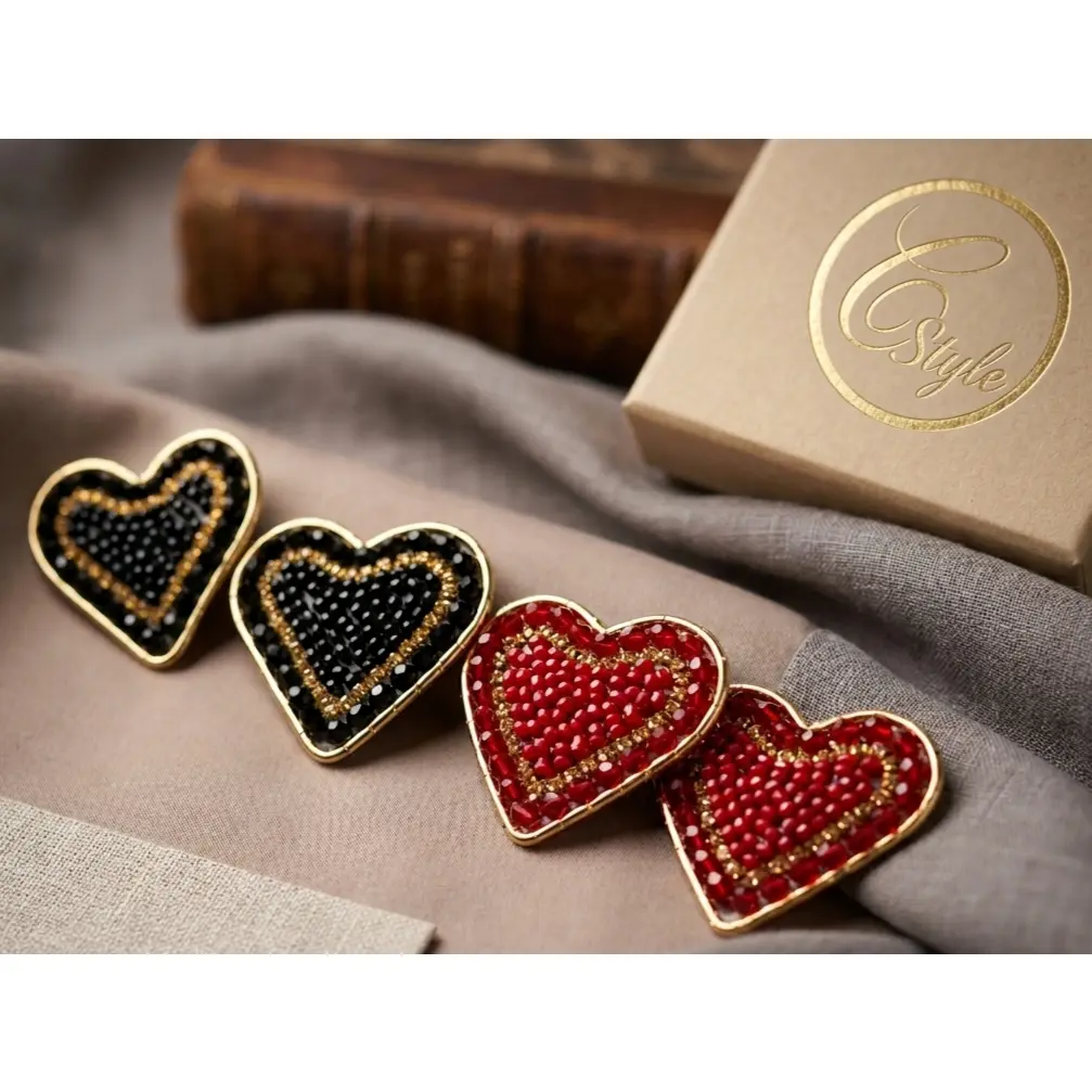 E Style Heart-Shaped Earrings with Gold Trim and Red/Black Beads for Women's Fashion Accessories