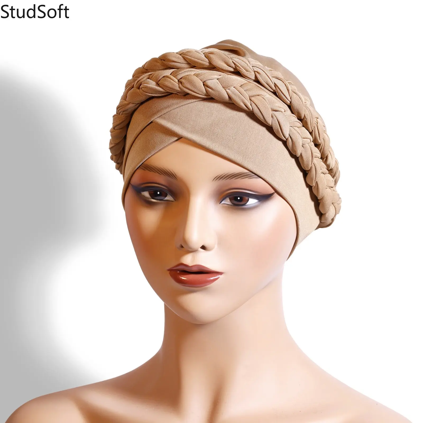 Women's Double Braided Turban Hat, Beige Pre-Tied Twisted Head Wrap, Stretch Casual Cap for Daily Wear or Chemo Use, Head Scarf Turbans, Female, Everyday,back to school,back to school haul