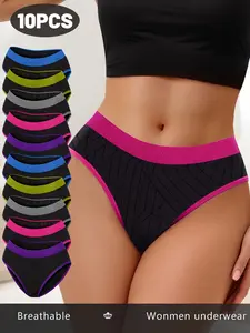 10pcs Women's Seamless Low Waist Panties, Womenswear, Striped Design, Breathable & Quick-Dry, Soft Fit, Affordable Quality, Triangle Underwear, Chic, Soft Stretch Underwear