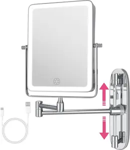 Wall Mounted Lighted Makeup Mirror, Rectangle Double Sided 1X/7X Magnifying Bathroom Height Adjustable Mirror, Rechargeable 3 Color and Dimmable Lights, Extended Arm 360 Rotation Shaving Vanity Mirror