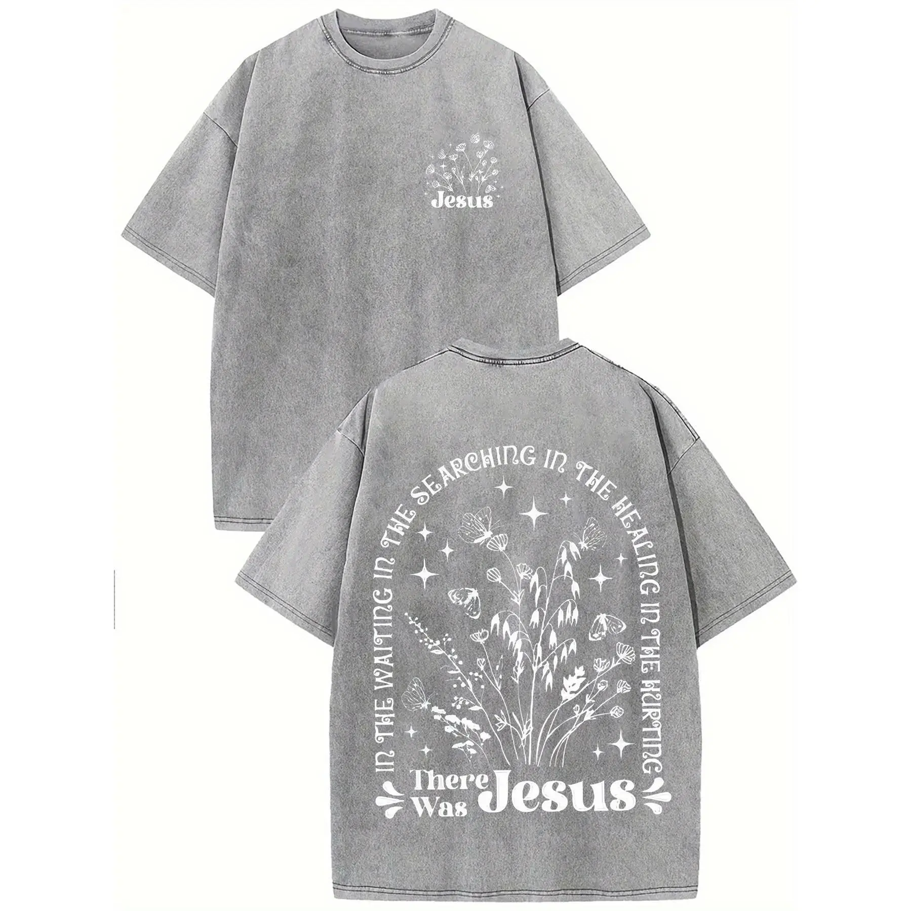 HolaFish There was jesus Print Oversized Cotton Solid Drop Shoulder T Shirts for Men Vintage Streetwear Basic Tees Baggy Hip Hop Unisex Tops Acid Wash T shirt