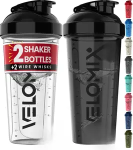 VELOMIX -2 Pack- 28 oz Protein Shaker Bottles for Protein Mixes - 2x Wire Whisk | Leak Proof Shaker Cups for Protein Shakes | Protein Shaker Bottle Pack (Black/Transparent)