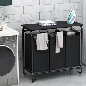 3 Bags Laundry Sorting Basket with Ironing Board and Detachable Waterproof Bag, Heavy-duty Rolling Lockable Wheel Laundry Cart Deals For You Days