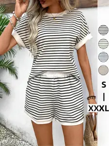 Two-Piece Set Women's Striped Print Batwing Sleeve Tee & Shorts, Casual Fitted Round Neck Top & Shorts for Summer, Ladies Clothes for Daily Wear, Lounge Shorts Set, Womenswear