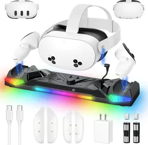 30W   Dock for Meta Quest 3S/3/2,  Charger Station Stand for Oculus Quest 3S/3 Accessories with 11-Color RGB Light, 2 Rechargeable  & Covers for Headset (Black)