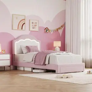 Twin Size Bed Frame with LED Headboard for Kids, Sherpa Upholstered Platform Bed Frame with Wood Slat Support, No Box Spring Required, Easy to Assemble