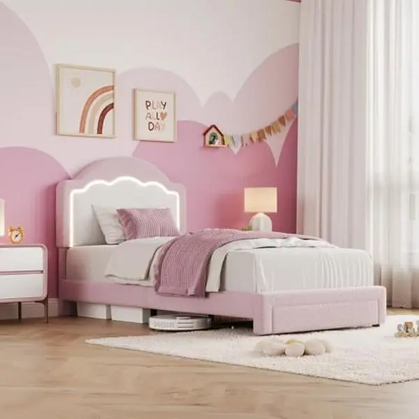 Twin Size Bed Frame with LED Headboard for Kids, Sherpa Upholstered Platform Bed Frame with Wood Slat Support, No Box Spring Required, Easy to Assemble