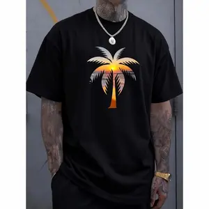 1pc Men'S Summer Casual Cotton T-Shirt with Sunset Coconut Tree Print, Crew Neck, Short Sleeve, Slight Stretch, Regular Fit, Knit Fabric, Alphabet Pattern, Fashionable Athleisure Style for Everyday Wear