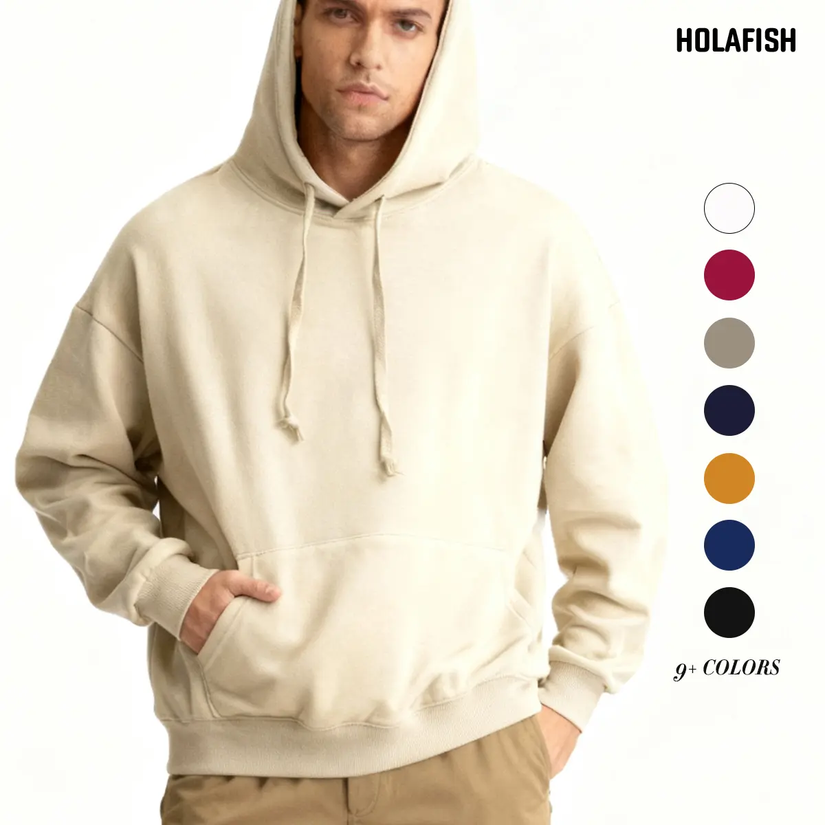 Holafish Men's Baggy Fleece Lined Hoodie, Casual Soft Pullover Sweatshirt with Kangaroo Pocket for Holiday Wear, Ribbed, Graphic, Cotton