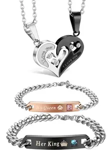 4Pcs Couple Necklace Bracelets Matching Set for Women Men Heart Pendant Necklace His and Hers Bracelets Couple Gift