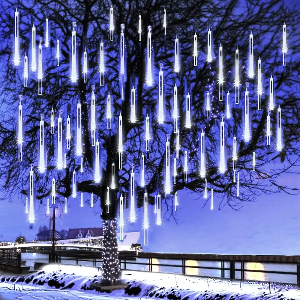 Outdoor Christmas Lights, Falling Rain Lights Meteor Shower Lights 12 inch 8 Tubes 144 LED Snow Icicle Cascading Fairy String Lights for Holiday Wedding Party Garden Tree Decor, UL Plug, Blue