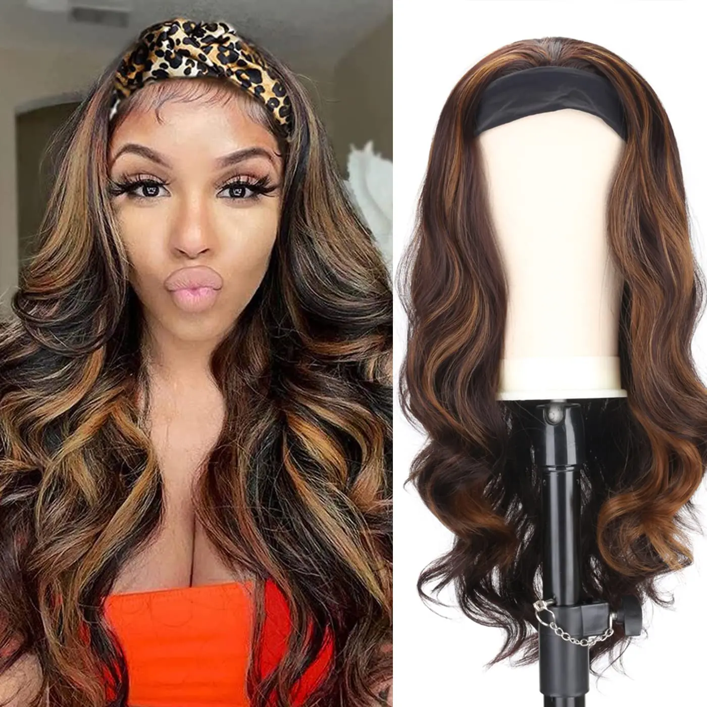 Honey Blonde Highlight Headband Wig Ombre Brown Body Wave Headband Wigs Brown Mix Blonde Colored Long Wavy Wig with Headband 26 Inch
