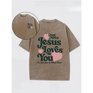 230g Double Sided Washed Jesus Print T-Shirt, Love You In All Days Graphic Tee, Thick Cotton Casual for Summer Outdoor Holiday