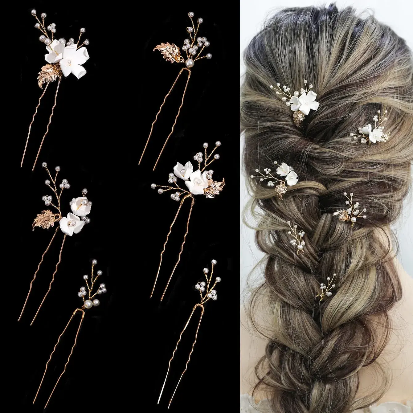 6-Piece Alloy Bridal Wedding Hair Pins - White Flower, Gold Leaf, Pearl Clips for Brides, Romantic Honeymoon & Anniversary Hair Accessories for Women