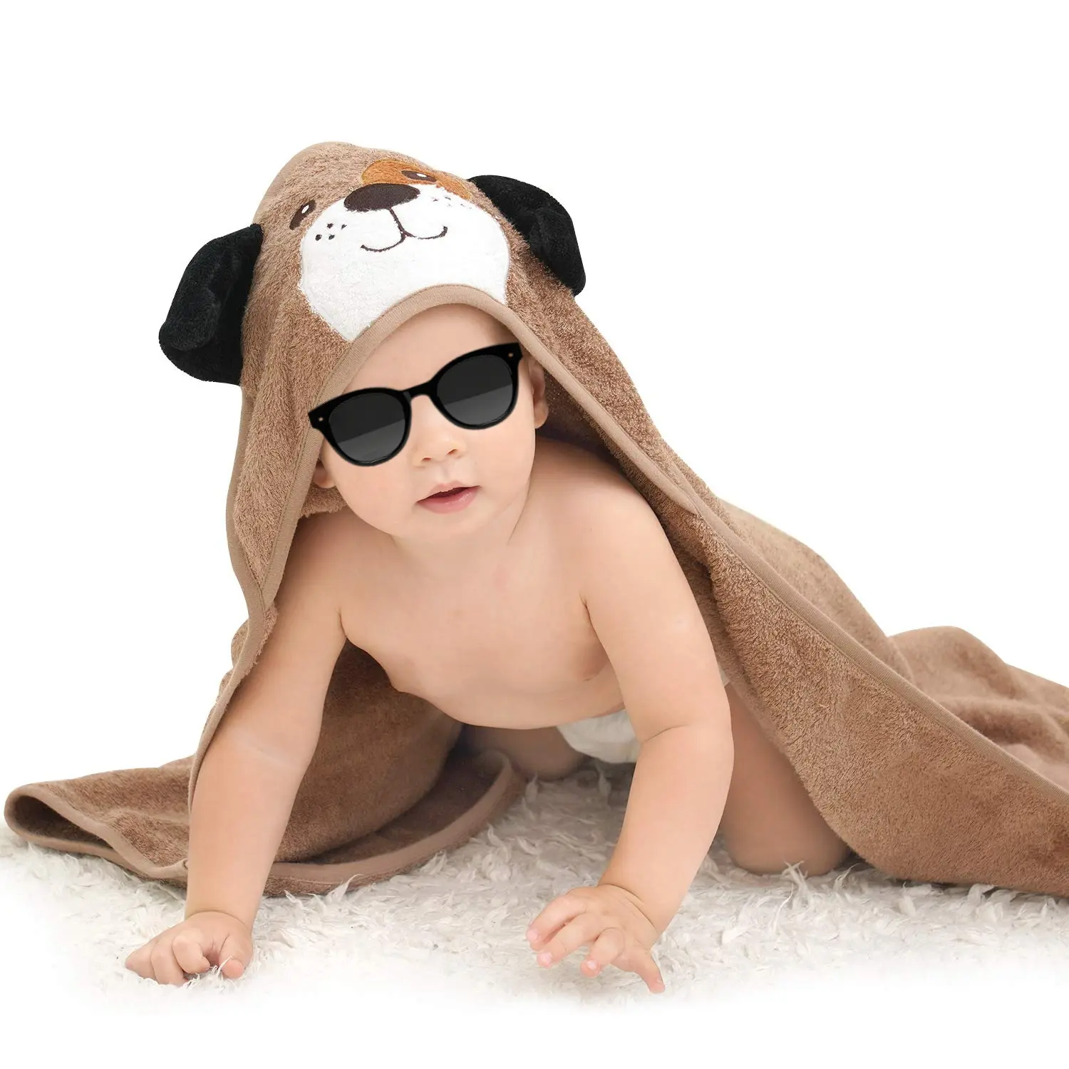 SQ-NG029 Hooded Baby Towels, Soft and Hypoallergenic Baby Bath Towels with Hood for Toddler Infant Newborn, Large and Absorbent Toddler Towels for Baby Boy Girl (Puppy, 35.1''x35.1'')