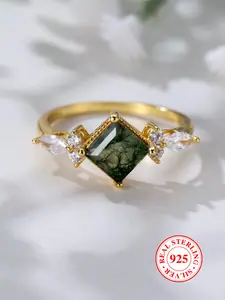 S925 Sterling Silver Elegant Square Shaped Green Moss Agate Decorated Ring, Exquisite Trendy Ring, Fashionable Jewelry Accessories for Women & Girls, Elegant Everyday Ring, Elegant Fashion Rings