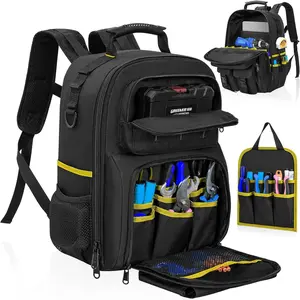 Tool Backpack, Tool Bag with Padded Shoulder and Removable Tool Organizer,-Resistant Work Backpack, for Electrician, Plumber, HVAC, Cable Repairman, Black & Yellow