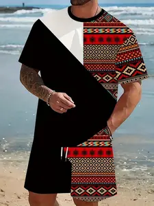 Men's African-style casual suit - black and white ethnic Print pattern short-sleeved jacket and trousers, suitable for summer, beach, and everyday outings. Menswear