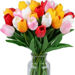 15pcs Artificial Tulips Plastic Fake Silk Flowers, 14 Inch Bulk Pack Home Kitchen Decorative Decoration, Easter Wedding Spring Bouquet Centerpiece, DIY Wedding Bouquets, Valentine's Day Gift