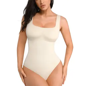 FeelinGirl Women's Seamless Round Neck Tummy Control Bodysuit - Slimming Ribbed Nylon Compression Womenswear, Elegant Soft Going-Out Tank Top Shapewear
