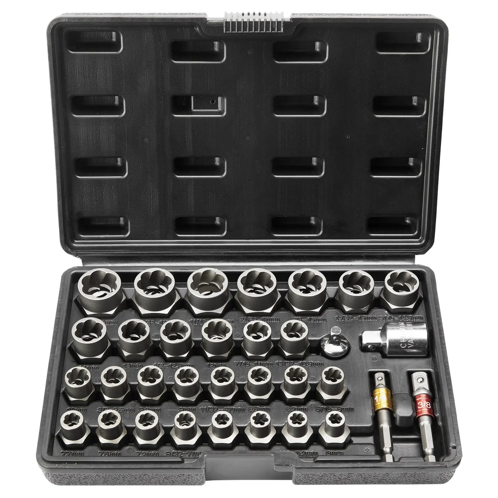 VEVOR 29-Piece Bolt Extractor Set (YM-29), Chromium-Molybdenum Steel Reverse Spiral Sockets (6mm to 10mm, 13/32" to 3/4"), 4.2 lbs Power Tools Kit with Storage Case for Automotive Repairs