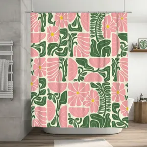 Abstract Floral Print Shower Curtain, 1 Count Waterproof Punch Free Shower Curtain with 12pcs Hooks, Bathroom Decor Supplies, Home Goods