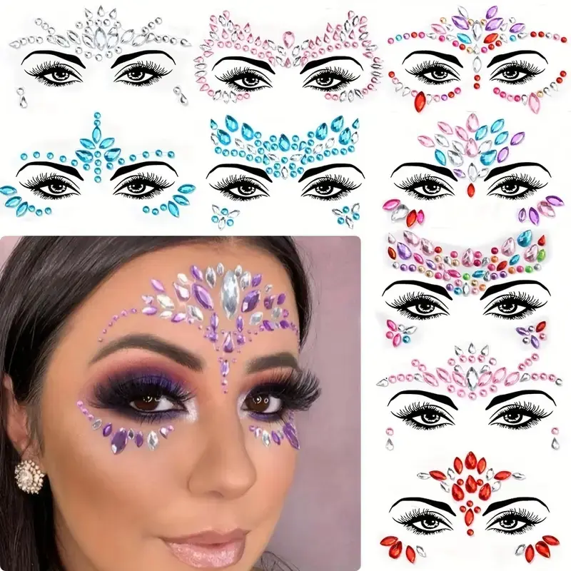 Fast Delivery 5-Piece Face Jewelry Stickers Set Women, Diverse Looks, Artistic Expression, Shiny Rhinestone Decorations, Mermaid Style Party & Festival Decoration (colors Random) Glitter Face Tattoos Fake Tattoos