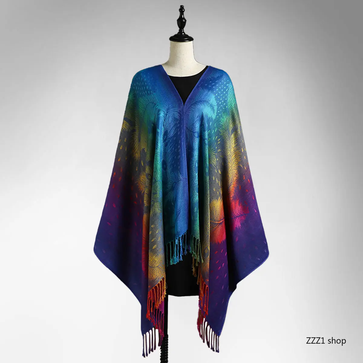 Women's Bohemian Rainbow Gradient Jacquard Pashmina Shawl - Luxury Feather & Tassel Trim Sports & Outdoor Accessory, Clothing Pairing for Holiday Parties, Travel, Adult One Size Women's Clothes