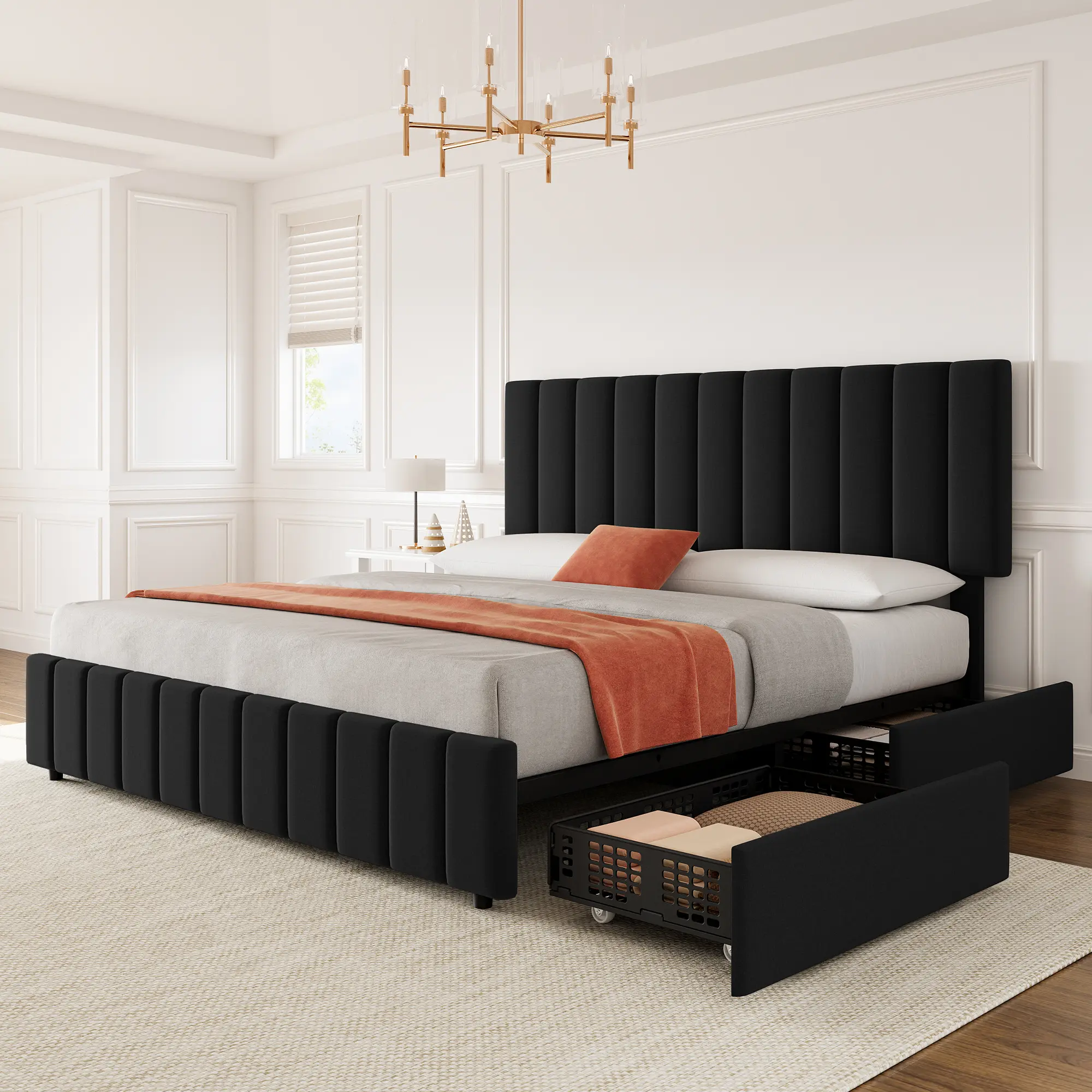 Full Bed Frame with 4 Storage Drawers, Upholstered Linen Platform Bed Frame Full Queen King, No Box Spring Needed, Non-Slip Mattress Design, Heavy Duty Metal Slats Support, Modern Grey Fabric Bed Base with Wheels, Easy Assembly