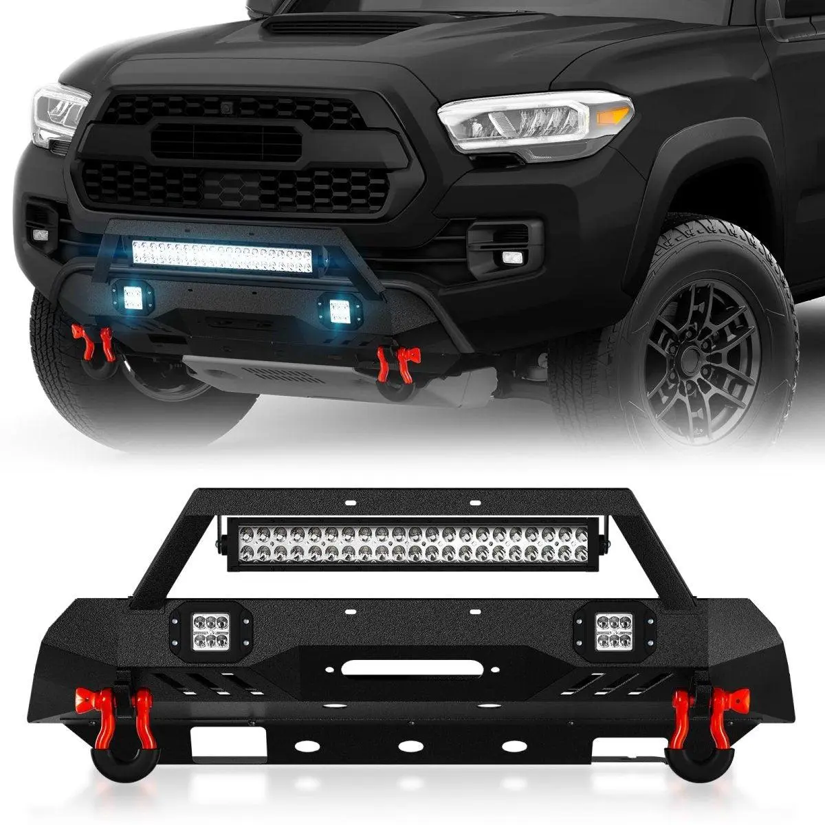 YZONA Powder Coated Rust-Resist Metal Front Bumper for 2016-2023 Toyota Tacoma 3rd Gen, Screw-In Performance Accessory with 120W LED Light Bar, 18W LED Spotlights, Skid Plate, Winch Plate, Pre-Drilled License Hole, Easy Assembly, Lifetime Customer Service