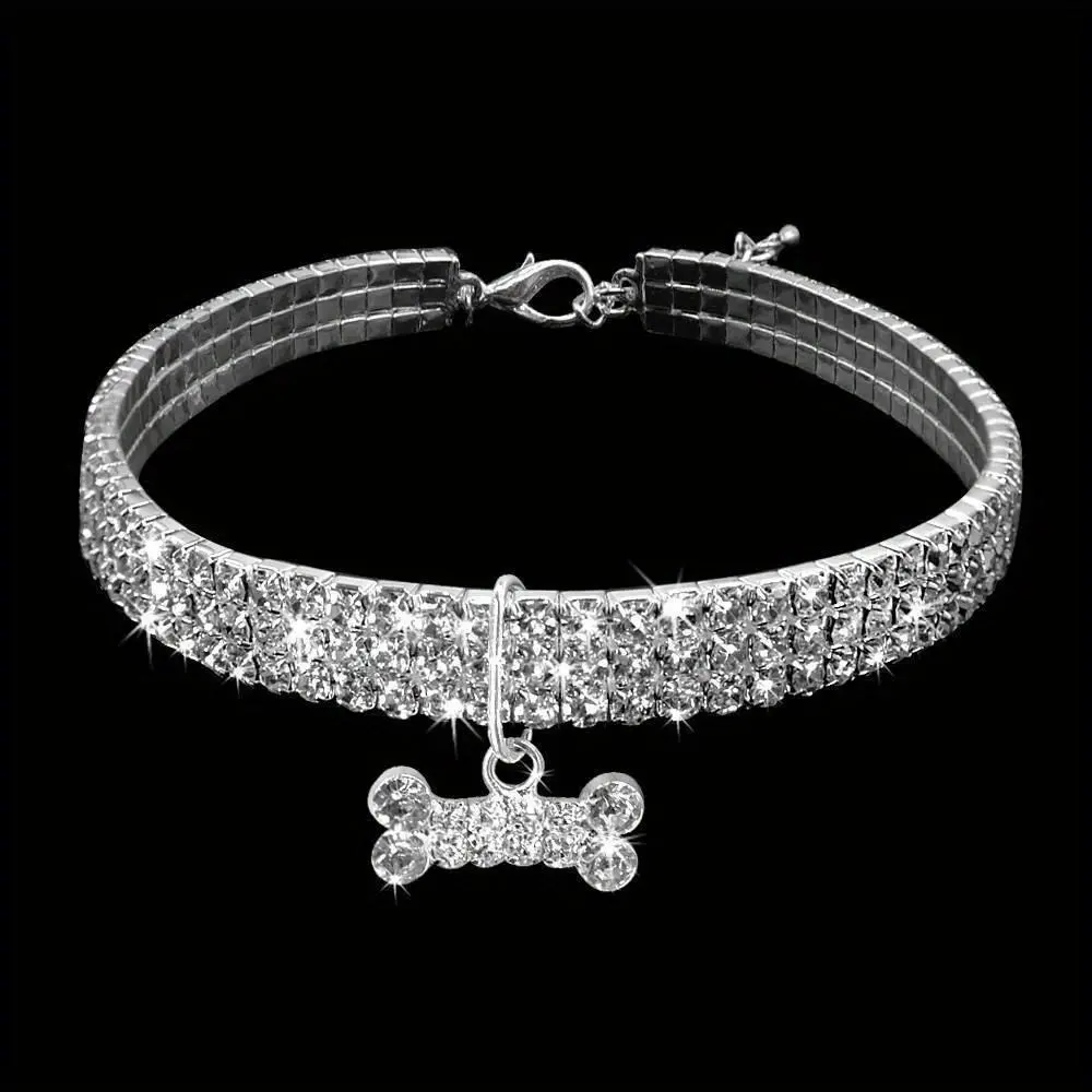 3 rows of rhinestone elastic necklace dog chain cat crystal collar pet supplies small dog jewelry, Pet dog rhinestone adjustable necklace Puppy