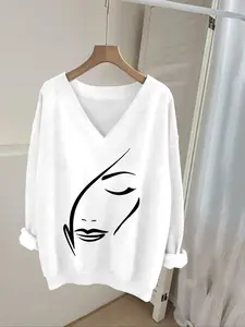 Elegant Women's Casual Top, V-Neck Long Sleeve Sweatshirt, Geometric Graphic Print, Ribbed Hem, Fitted French Style, Suitable for All Seasons