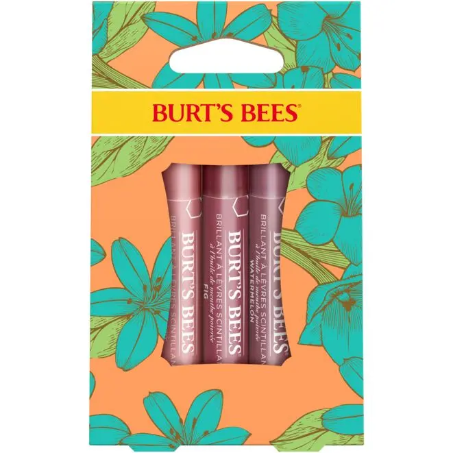 Burt's Bees Petal Kisses Lip Shimmer Gift Set | 3 Pack Lip Shimmers with Shea Butter & Peppermint Oil | Peony, Watermelon & Fig Beige Balm Lip Tint Gloss