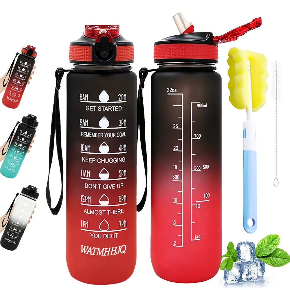 Mumutan 32oz Impact-Resistant Polycarbonate Sports Water Bottle - BPA-Free Drinkware, Leakproof, Straw-Included, with Drinking Time Markers, Capacity Labels, Fruit Fits Inside, Inspirational Quotes for Fitness (Black Red)