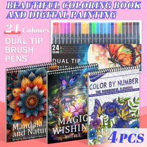 Digital Coloring Book & Marker Set - A4 Spiral Bound with Mandala and Flower Themes, 24 Color Markers, Beginner-Friendly Thick Paper for Relaxation and Decoration, Art Supplies, Art Sketchbooks - Perfect Gift for Adults for Christmas, Thanksgiving