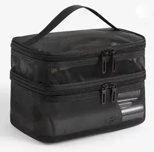 Bolsa de cosméticos de malla negra de doble capa, estuche de maquillaje portátil de viaje de gran capacidad, organizador, bolsa de almacenamiento, bolsas de aseo con cremallera