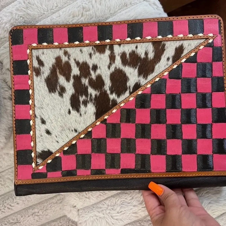 Pink and black leather and cowhide portfolio folder