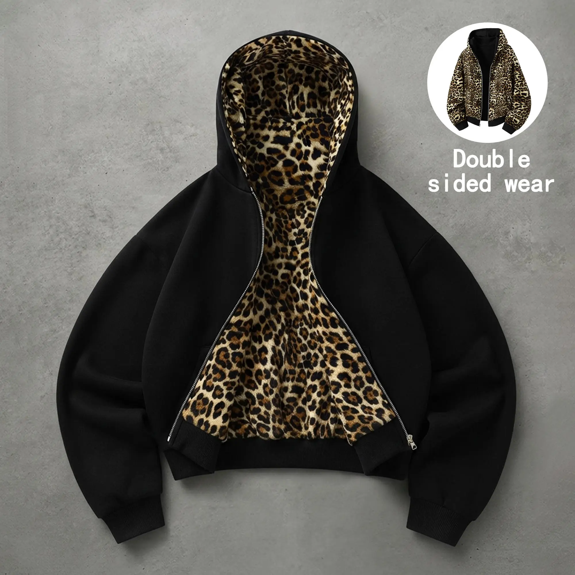 Unisex cotton zip-up hooded jacket with leopard print lining, reversible for both front and back wear; loose long-sleeve sweatshirt jacket for autumn/winter, retro street casual top.