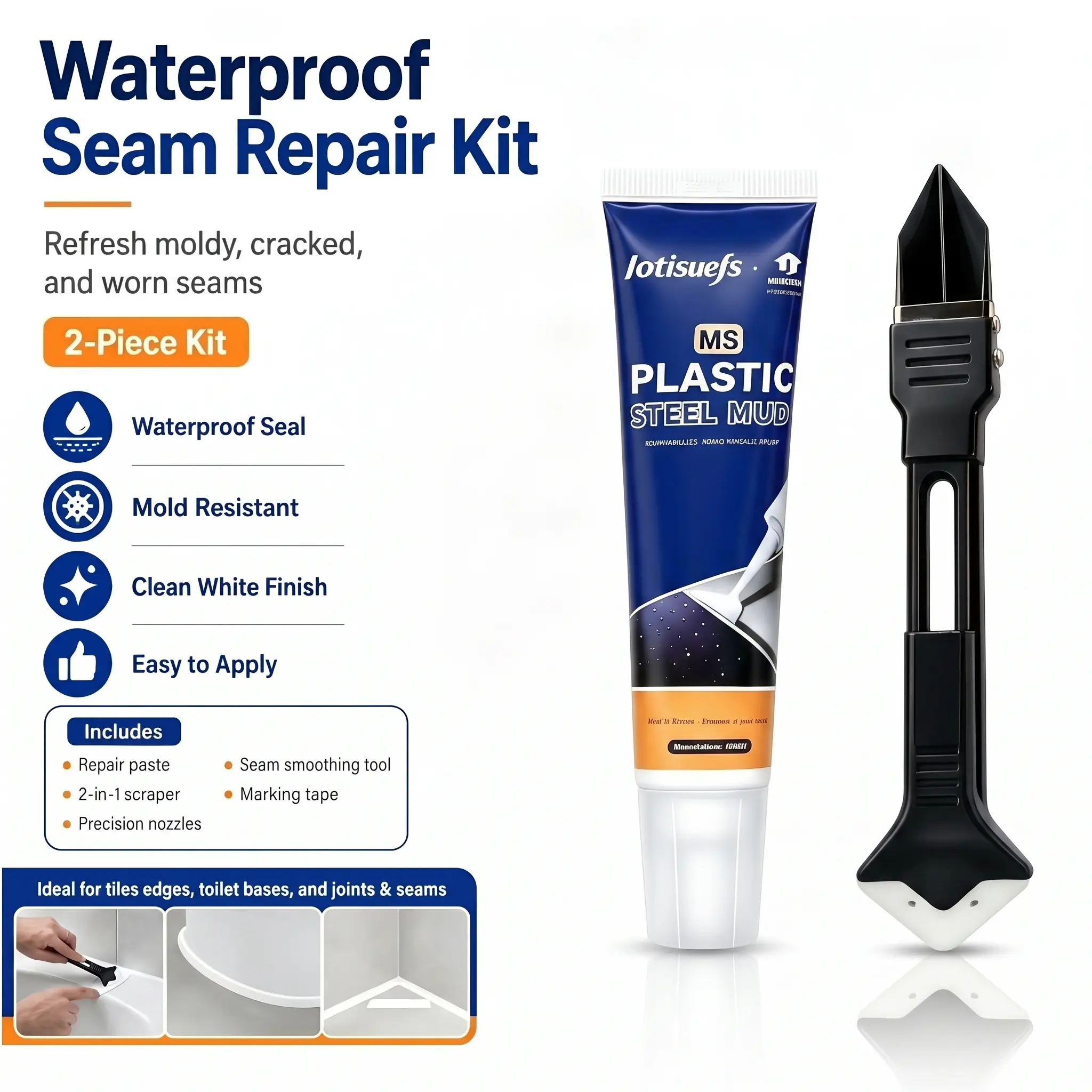 Home Improvement 2-Piece Waterproof Repair Kit - Clean White Caulk Paste, 2-in-1 Scraper, Strong Adhesive Gapfiller Grout Sealer, Mold-Resist Leak-Proof Sealant for Bathtubs, Floors, Indoor Use with Durability