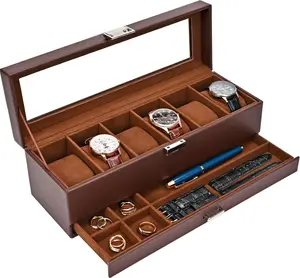 Watch Box Organizer, 6 Slot Watches Display Case with Drawer, Mens Watch Case with Glass Lid, 2-Layer Mens Jewelry Organizer Storage Holder, Birthday Gift, Father's Day Gift, Valentine's Gift