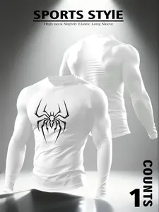 Men's Spider Graphic High Neck Compression Long Sleeve - Athletic Top for Gym Workouts, Gym Workout Tops, Moisture-Wicking Fabric for Casual Urban Wear, Trendy Dark Fashion Piece, Compression Sports Top, Athletic Fashion Activewear
