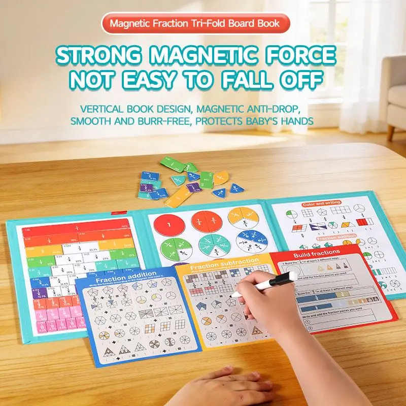 Magnetic Fraction Manipulatives Set - Educational Fraction Book with Magnets, Markers & Storage Bag, Math Learning Toy for Kids 3+, Homeschool Classroom Math Games