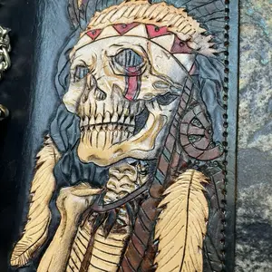 Tooled Leather Bifold Native American War Chief Skeleton Wallet with Intricate Carving and Feather Detail