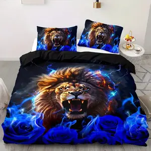 3-Piece Soft Comfortable Duvet Cover Set, Lion Print Extra Large Size, Boys' Bedding Set, Rose Pattern, Bedroom Essentials, Bedding Supplies