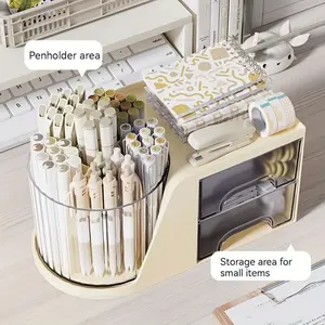 1pc 360° Rotatable Pen Holder and Cosmetics Storage Rack with Small Drawers - Ideal for Home, Office, School, and Dorm Room Organization and Decor