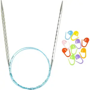 addi Rocket 2 Squared Ergonomic 32-inch (80cm) US 3 (3.25mm) Circular Knitting Needle, Textured Finish, Rounded Edges, Long Taper Sharp Tips, Blue Cord with 10 Colorful Stitch Markers