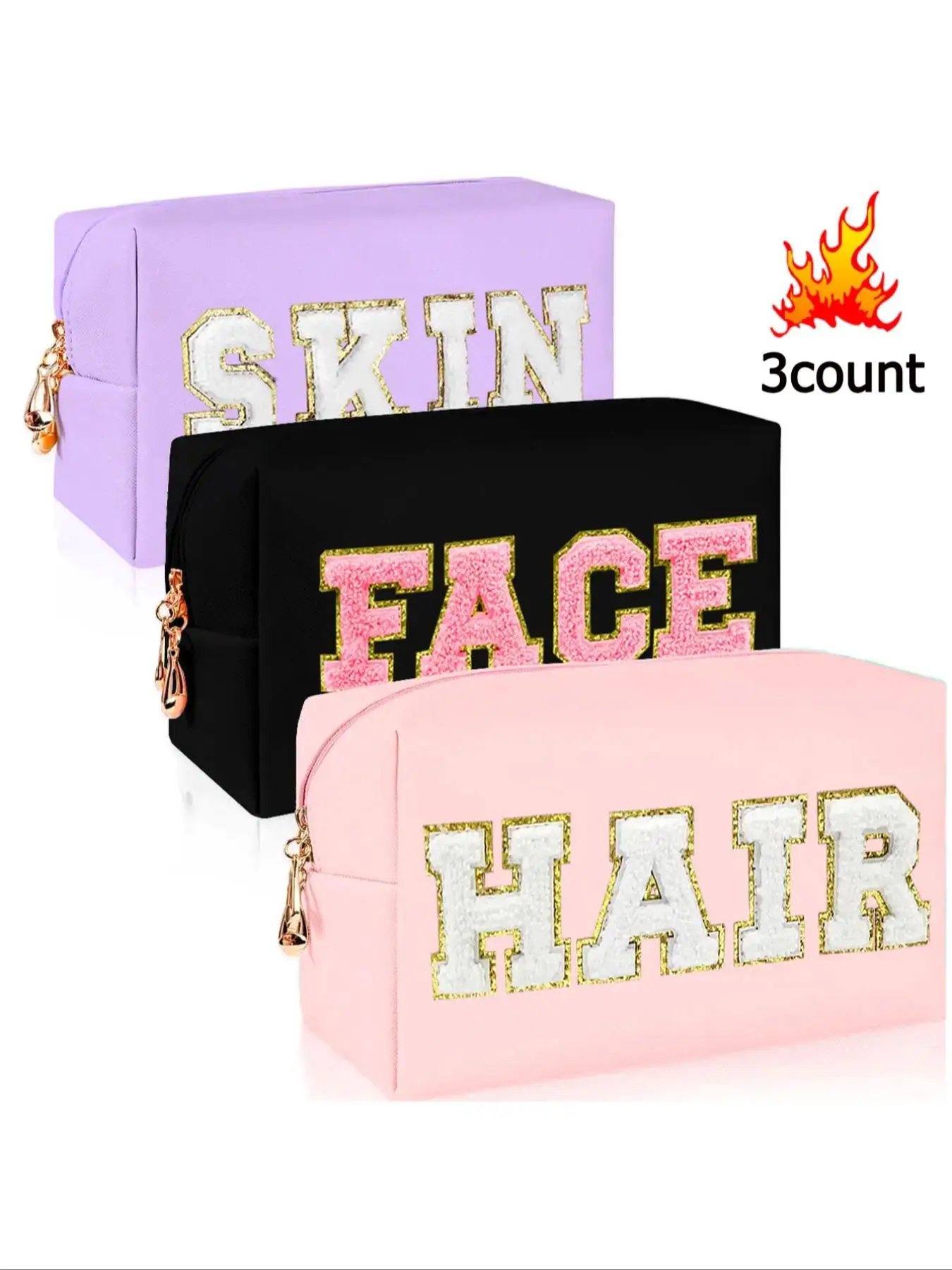 Trendy Letter Patched Design Makeup Bag for Travel, 2025 Portable Large Capacity Zipper Makeup Toiletry Bag, Travel Storage Bag for Women & Girls, Cos