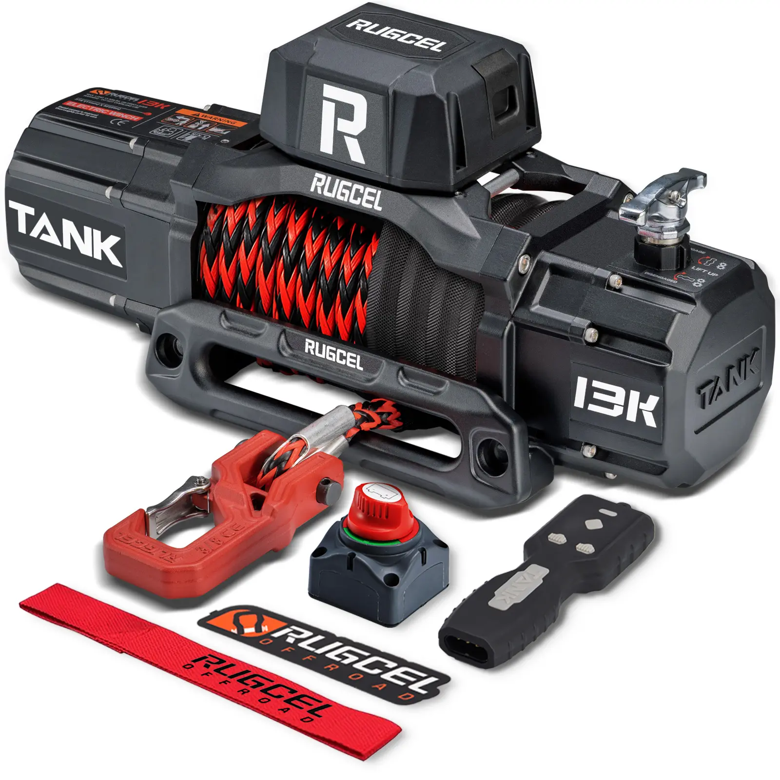 RUGCEL TANK 13500 lb Waterproof Electric Synthetic Rope Winch 12V Off-Road Recovery  Hunting Engineering Farming Tool