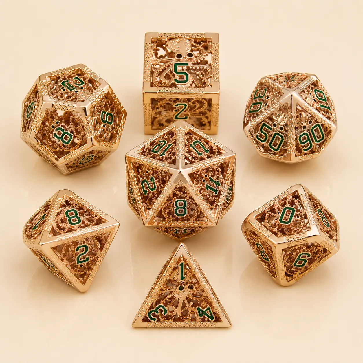 7PCS Brass Hollow Polyhedral Dice Set, Cthulhu Fantasy Style Metal RPG Dice for DND Tabletop Role Playing Games, Collectible Gamer Gift