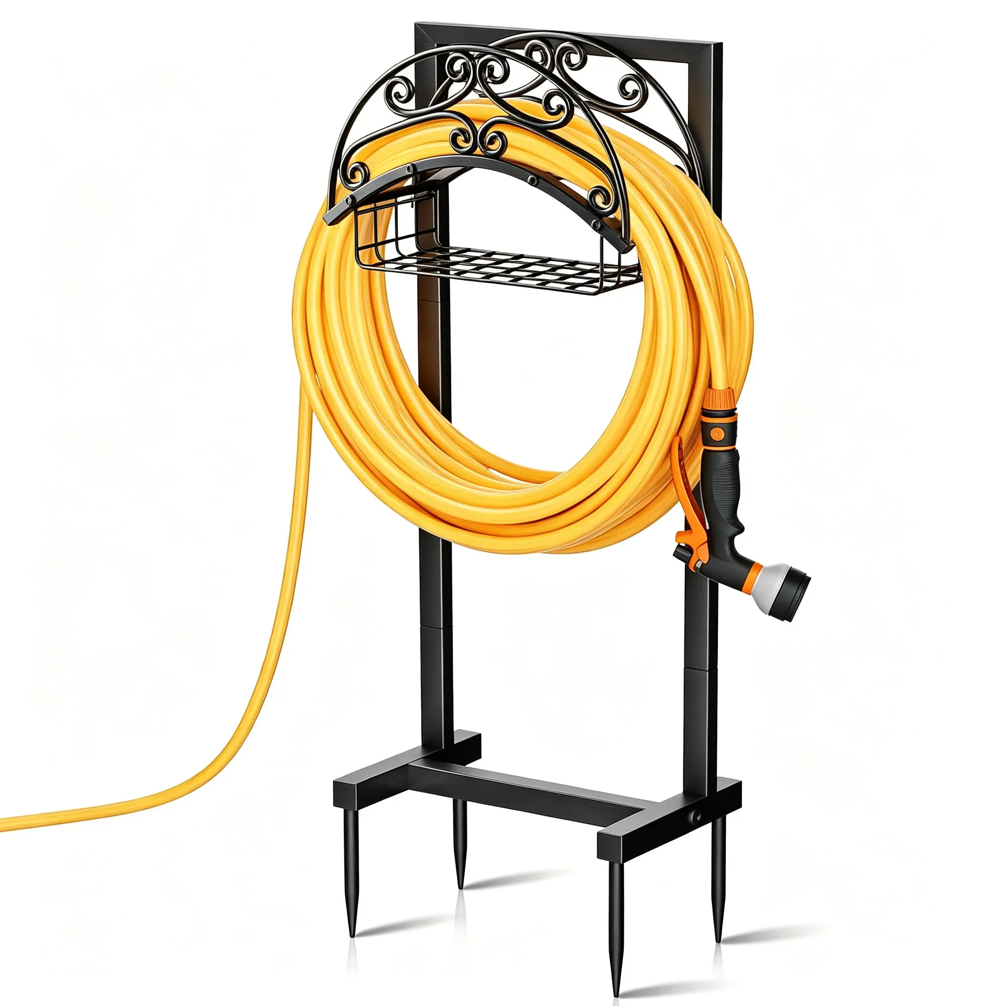 Heavy Duty Freestanding Metal Garden Hose Holder with Detachable Storage Basket, 151ft Capacity, Rustproof Outdoor Organizer Stand for Backyard Lawn that Organizes Water Pipes